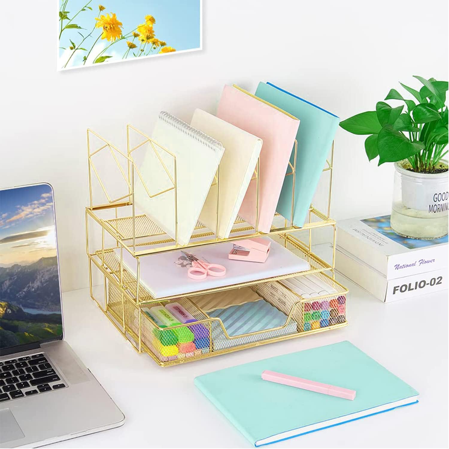 Youbetia Desk Organizers and Accessories - Double Tray and 5 Upright Sections, Office Supplies Desk Organizer with Drawer, File Office Organization with Binder Clips, Gold - Image 3